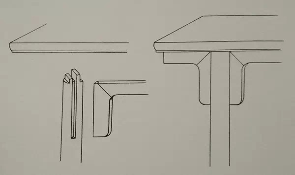 夹头榫结构(腿足上端开口嵌夹牙条,打槽装牙头)